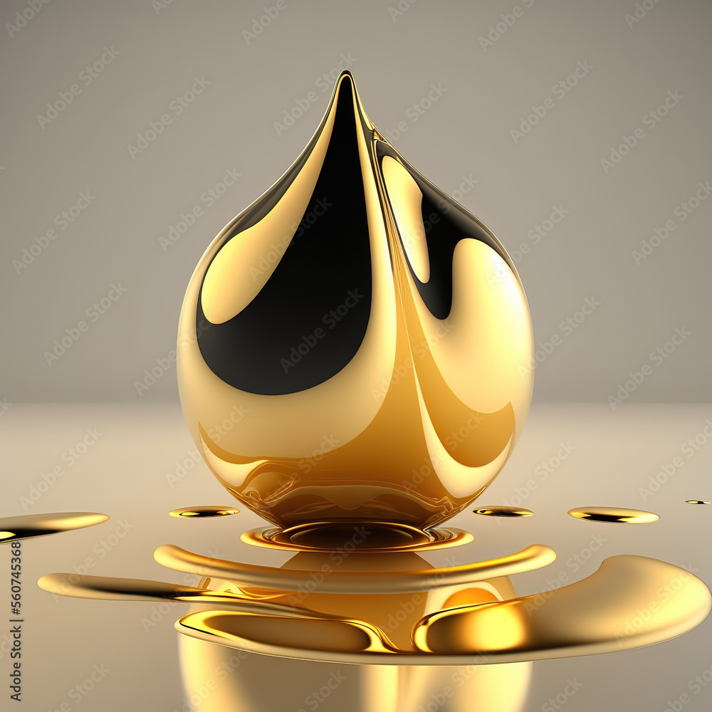 bright dripping oil close up as background, gold oil drop 3d illustration (ai generated)