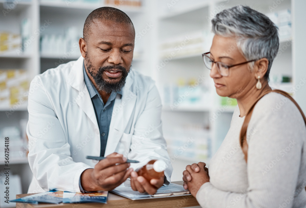 Pharmacy, black man and woman with healthcare medicine and conversation for instructions. Pharmacist