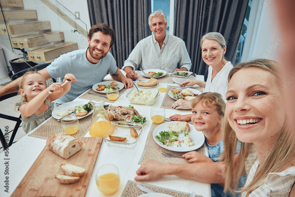 Family, selfie and dinner with generations and food, parents with grandparents and children smile fo