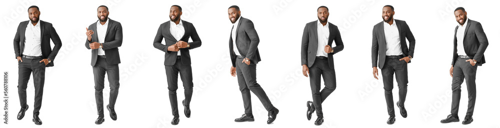 Set of handsome African-American businessman on white background