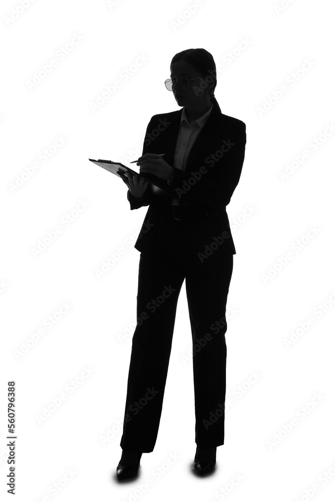 Silhouette of young businesswoman with clipboard on white background