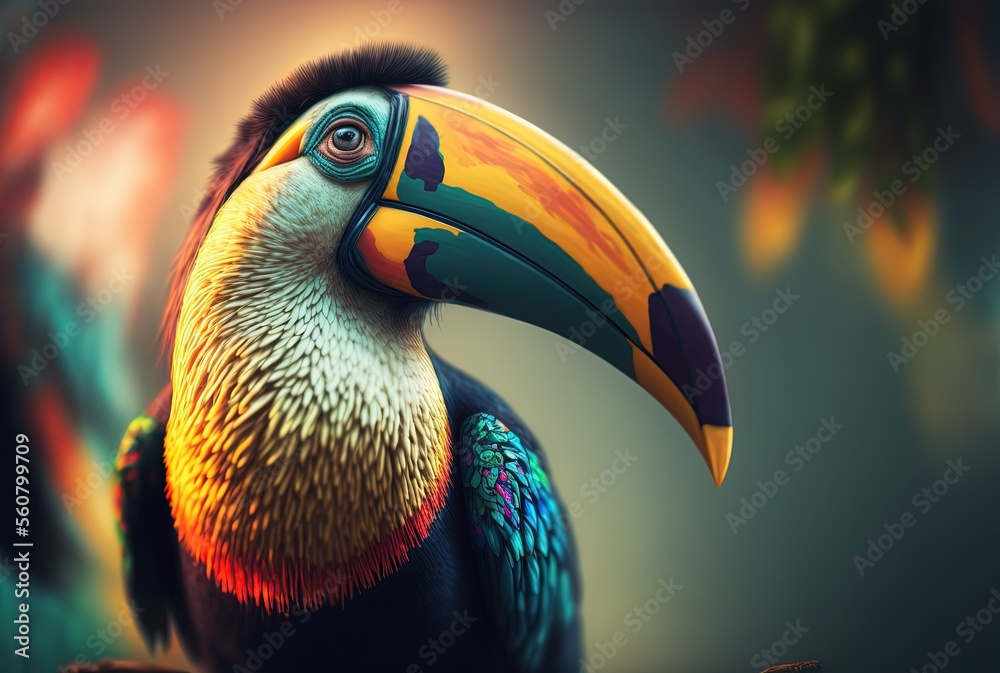 illustration of beautiful close up portrait of colorful bird in nature, Toucan bird , big beak 