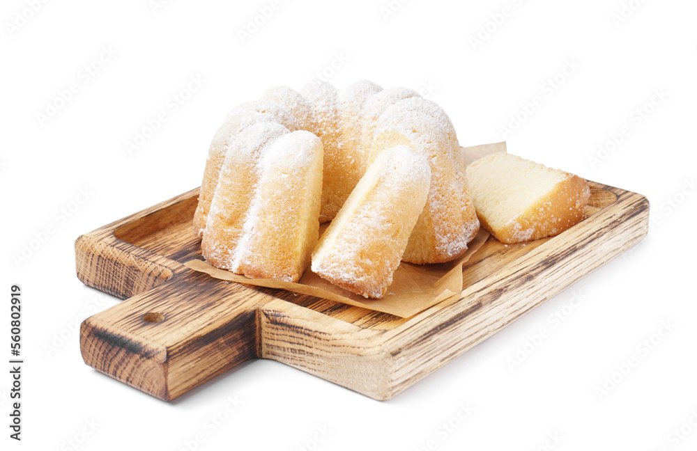 Wooden board with delicious cake on white background