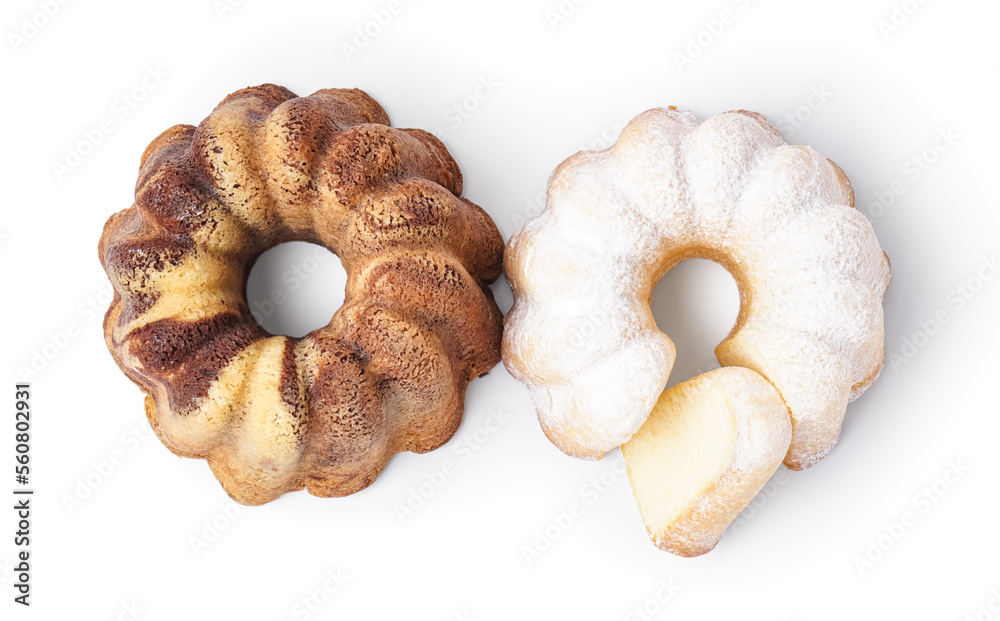 Different yummy cakes on white background