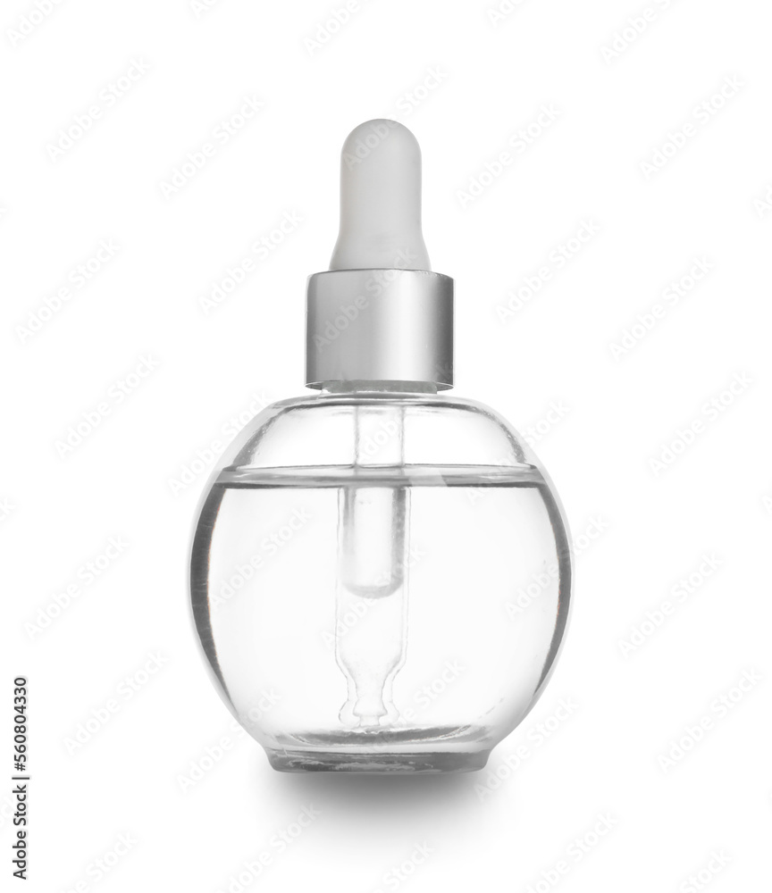 Glass bottle of natural serum isolated on white background