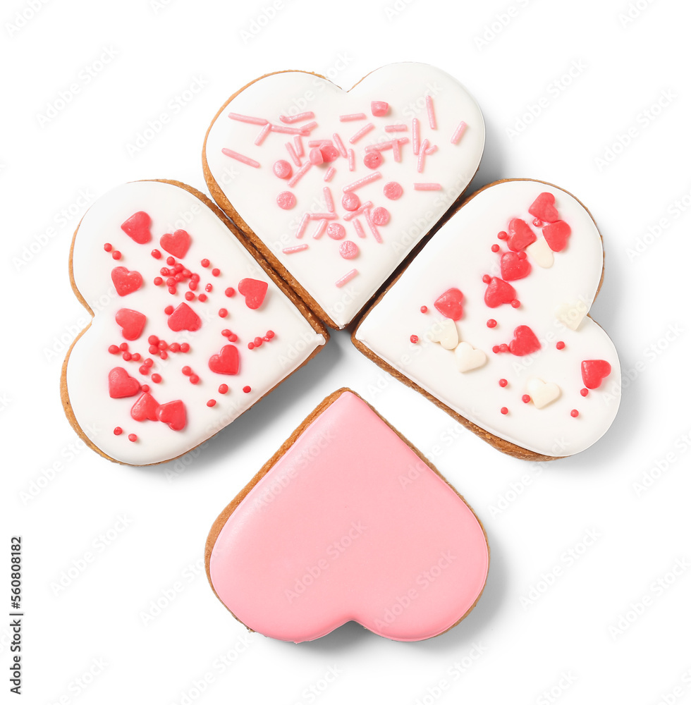 Composition with tasty heart shaped cookies on white background. Valentines Day celebration