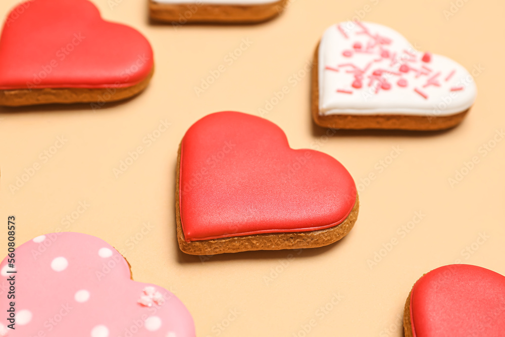 Composition with tasty heart shaped cookies on color background, closeup. Valentines Day celebratio