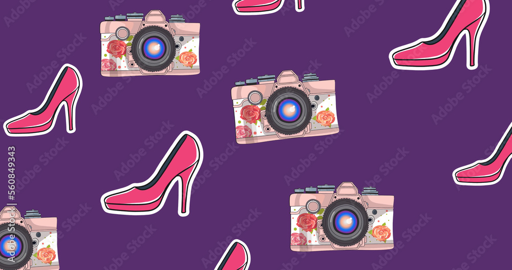 Illustration of stilettos and antiques cameras against purple background, copy space