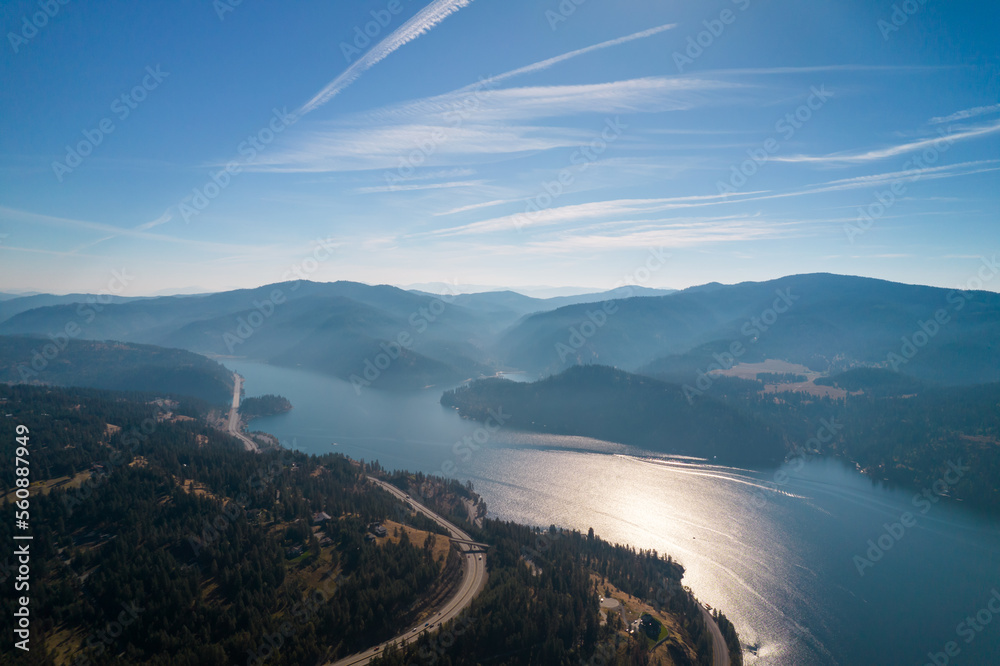 Aerial view of lake Coeur dAlene in Idaho. Great places fro vacations in lake Coeur dAlene