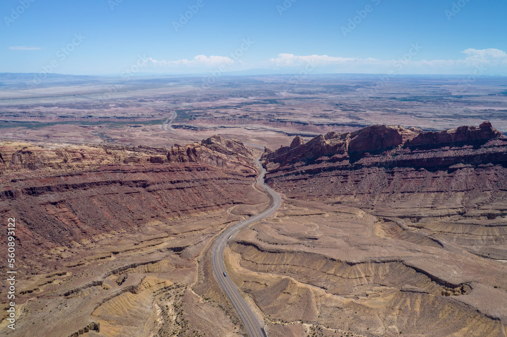 Aerial view of Spotted Wolf Canyon in Utah state on interstate 70. Traffic in Black Dragon Canyon I-