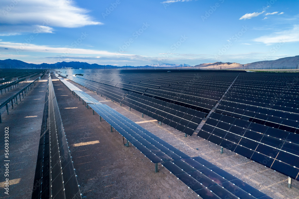 Aerial view of beutifule landscape in Nevada. Solar panels in fabolous Mountain place. 