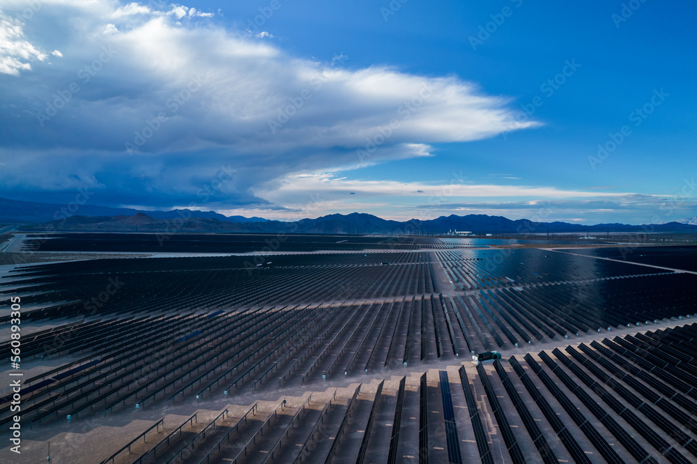 Aerial view of beutifule landscape in Nevada. Solar panels in fabolous Mountain place. 