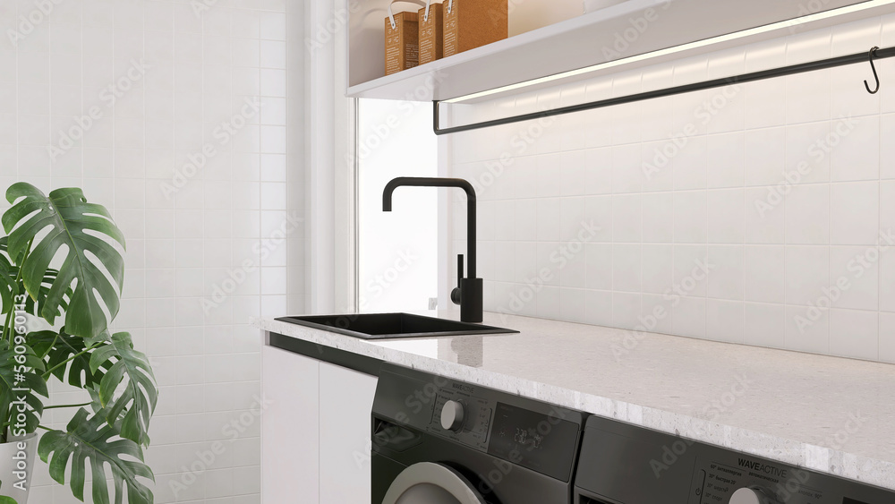 Modern design white terrazzo countertop of laundry cabinet, black quartz sink and faucet in sunlight