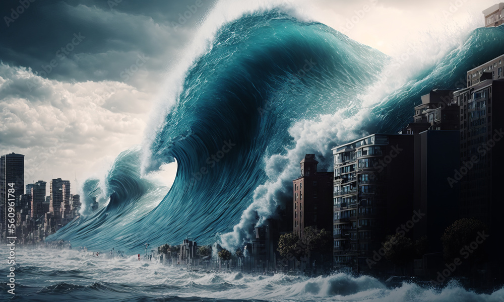 Huge tsunami destroying a city. Dramatic scenery with a big wave flooding the lanscape. Natural disa