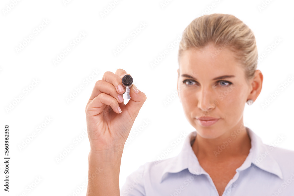 Business woman, hand and writing on glass wall for ideas, calendar management and isolated growth pl