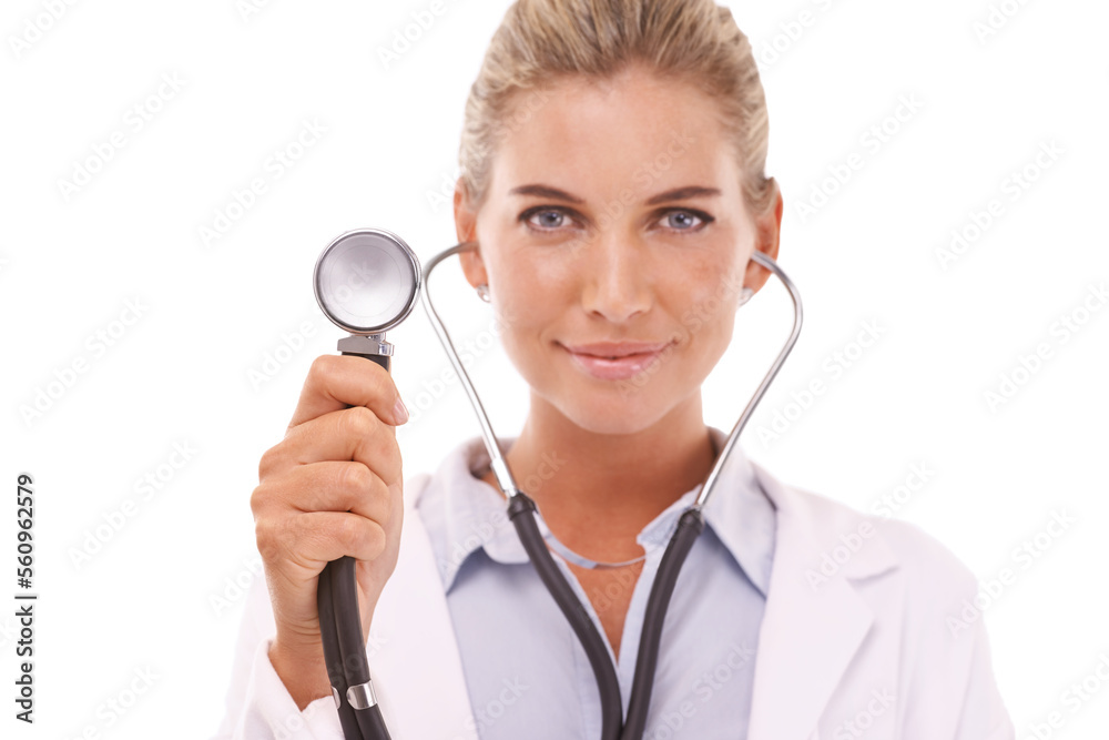 Healthcare doctor, face and woman with stethoscope in studio on a white background. Portrait, cardio