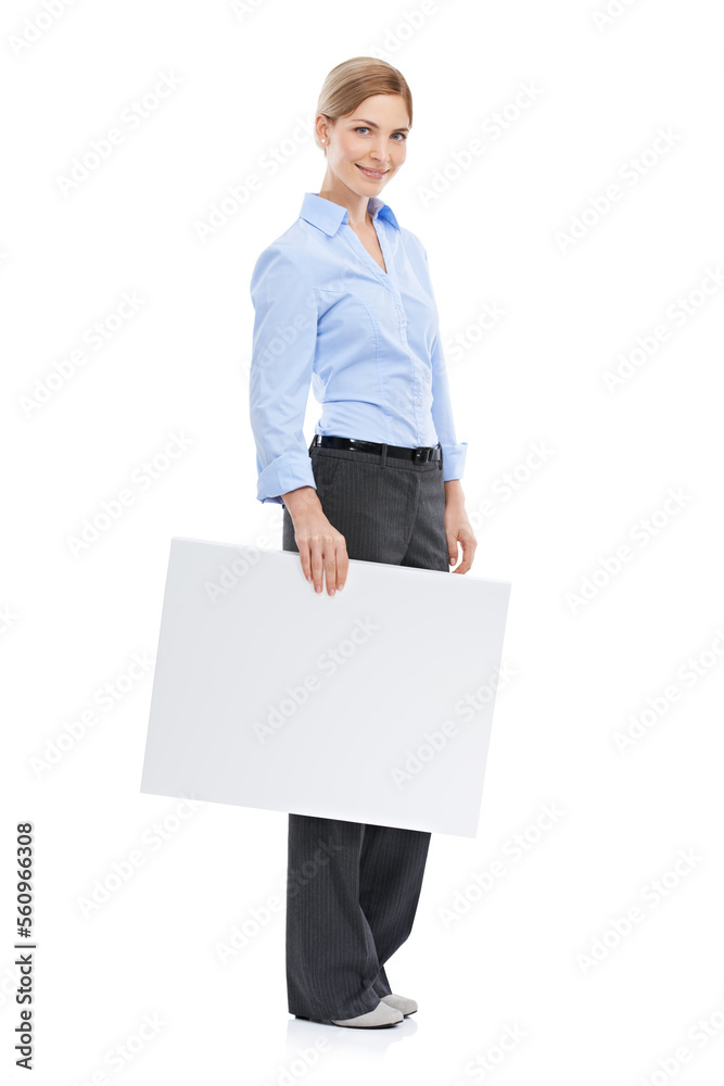 News, announcement and businesswoman with blank sign, mockup and product placement isolated on white