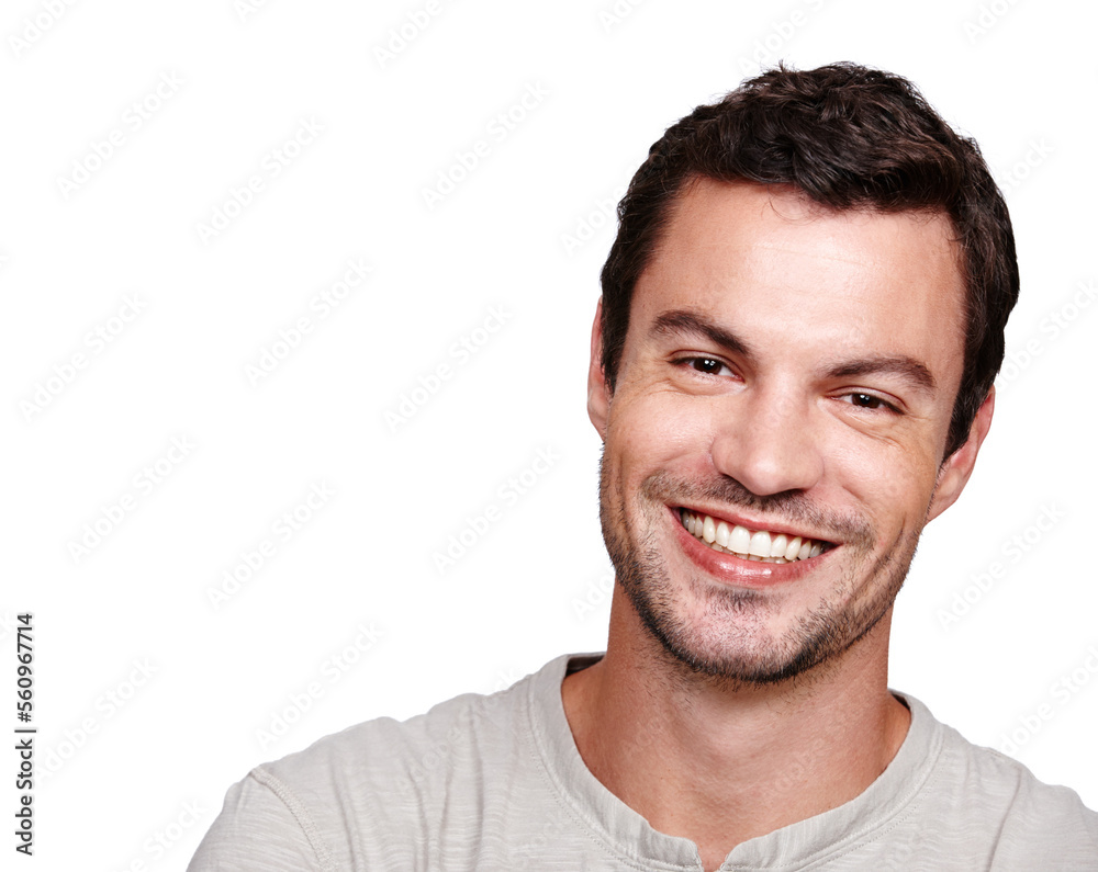 Smile portrait, handsome man and close up in white background for happiness, positive mindset and re