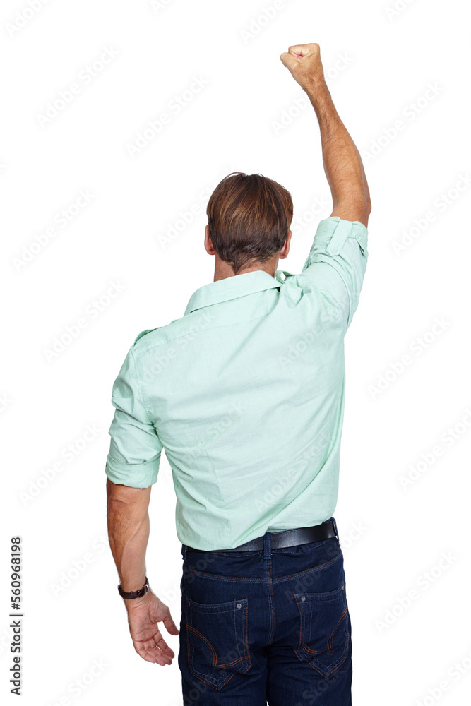 Man, first and back standing in victory for winning, discount or sale against a white studio backgro