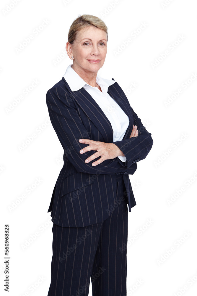 Senior, business woman and portrait of a executive employee proud about work. White background, isol