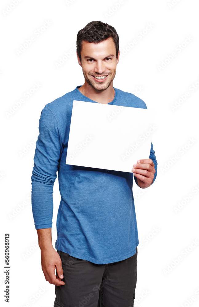 Man portrait, blank poster and mockup space for advertisement, marketing and sales sign. White backg