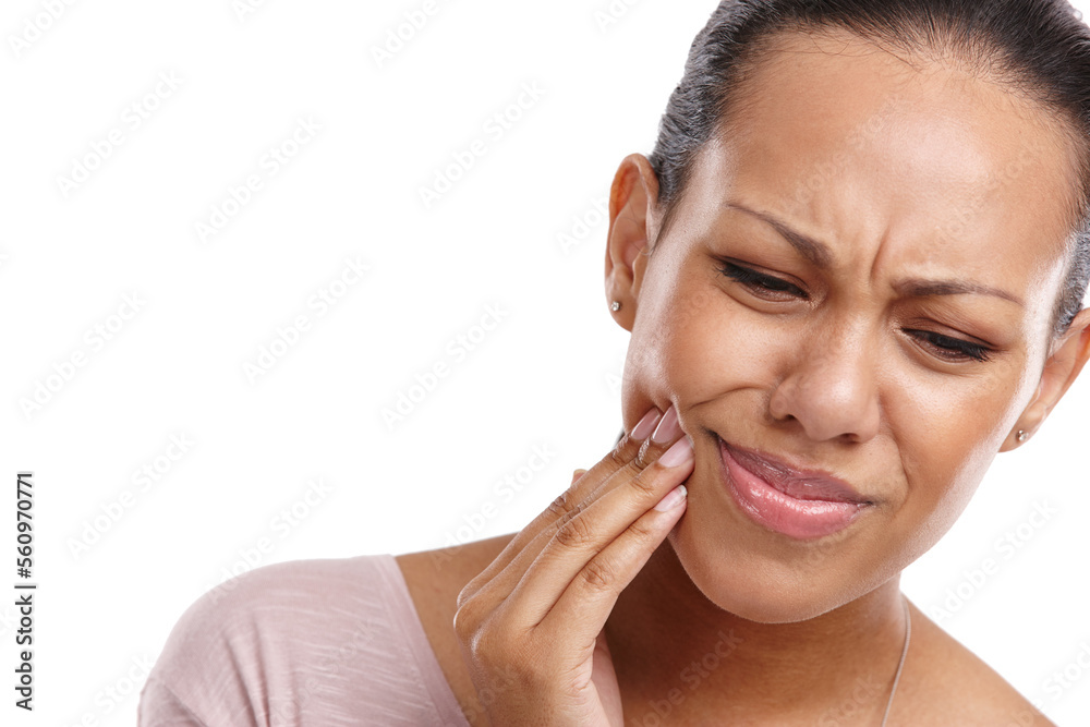 Woman, hand and mouth in pain from wisdom teeth, surgery or dental emergency against a white studio 