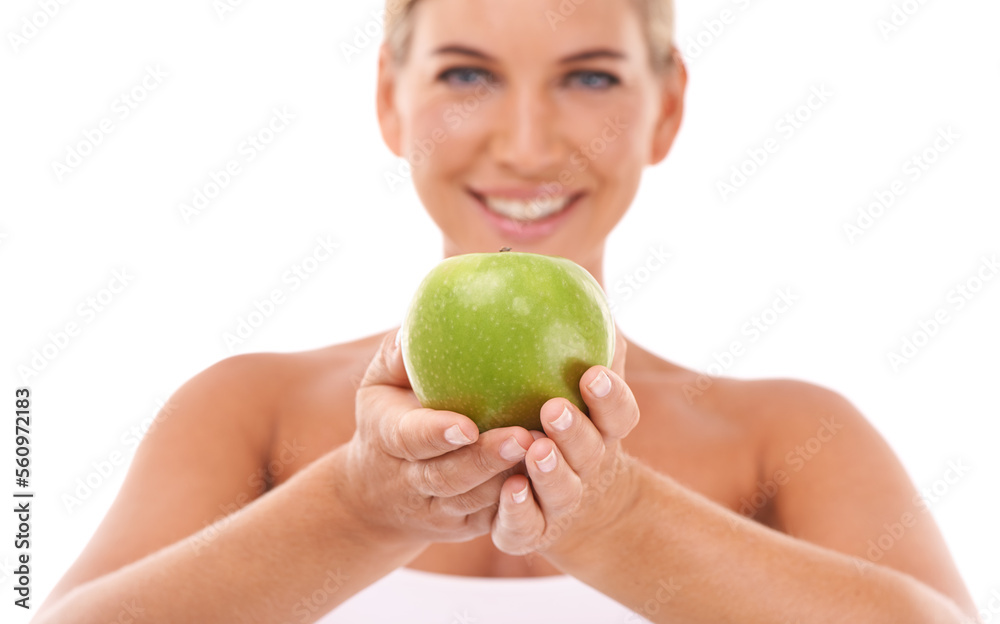 Apple, health and portrait of woman show fruit product to lose weight, diet or body detox for wellne