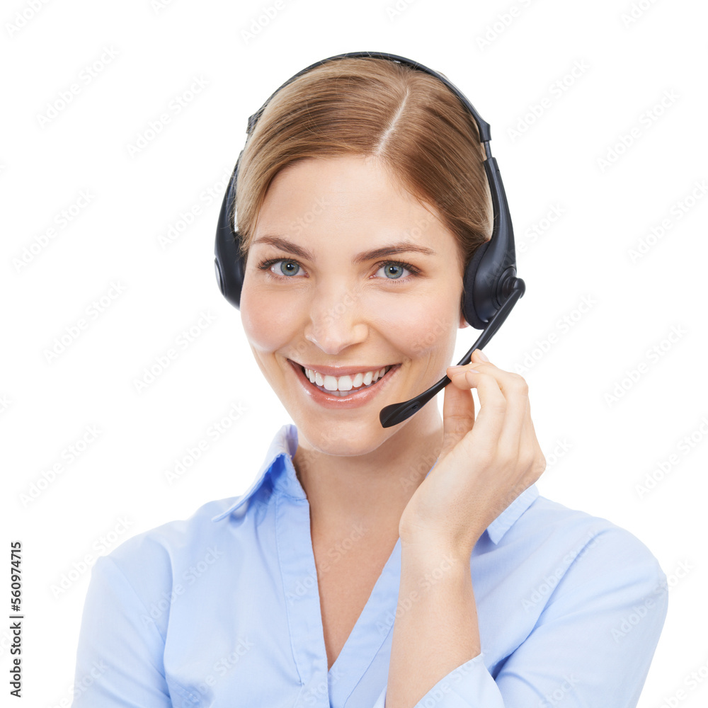 Customer service, face and portrait of woman at call center in studio isolated on white background. 