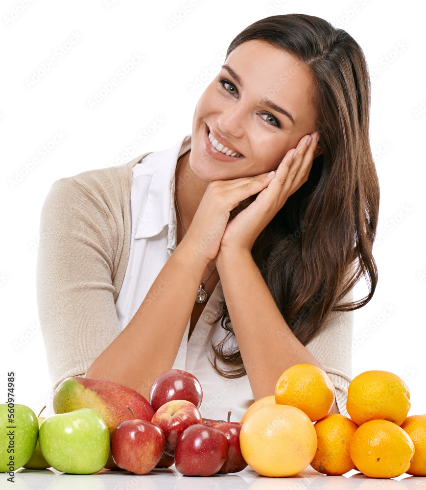 Woman, smile portrait and fruit breakfast for nutrition, healthy diet and vitamins motivation in stu