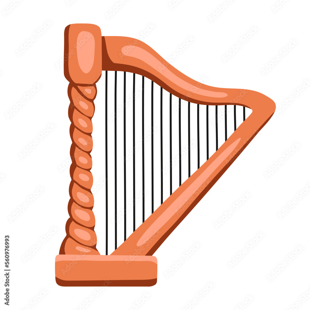 Harp, stringed plucked musical instrument, ancient instrument symbol of Ireland. Flat cartoon style 