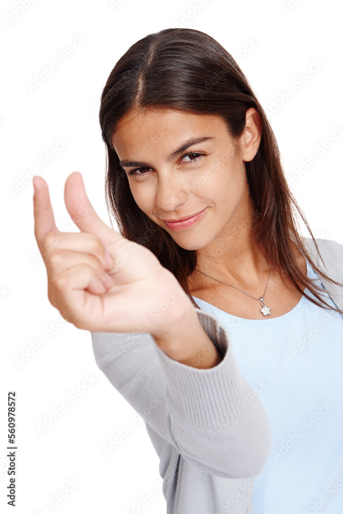 Woman, portrait and hand for advertising size, space and small mockup with a smile in studio. Female