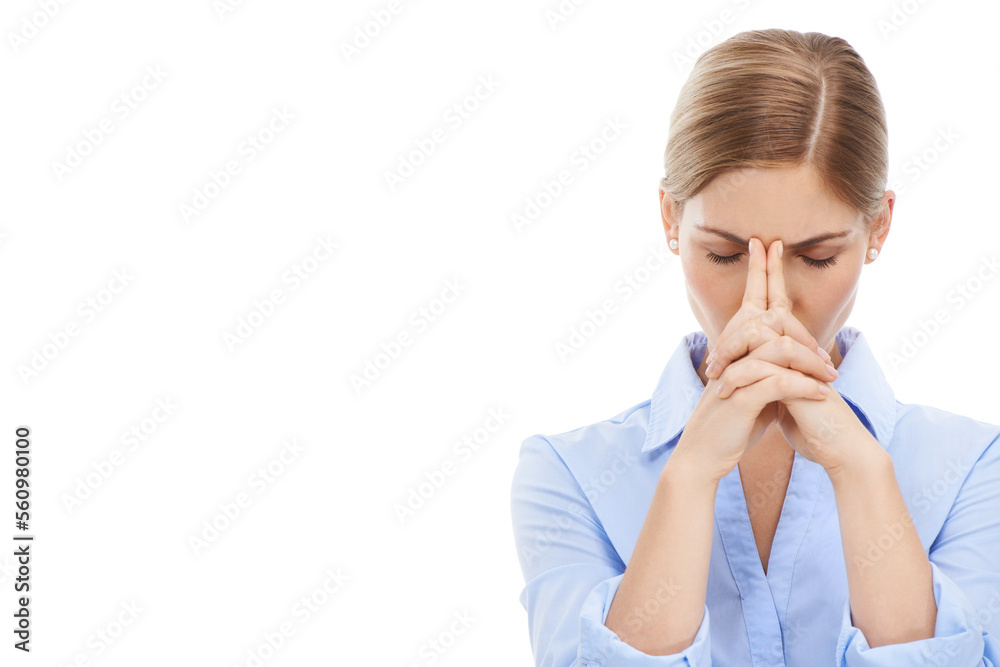 Business woman, stress and anxiety with headache on mockup against a white studio background. Isolat