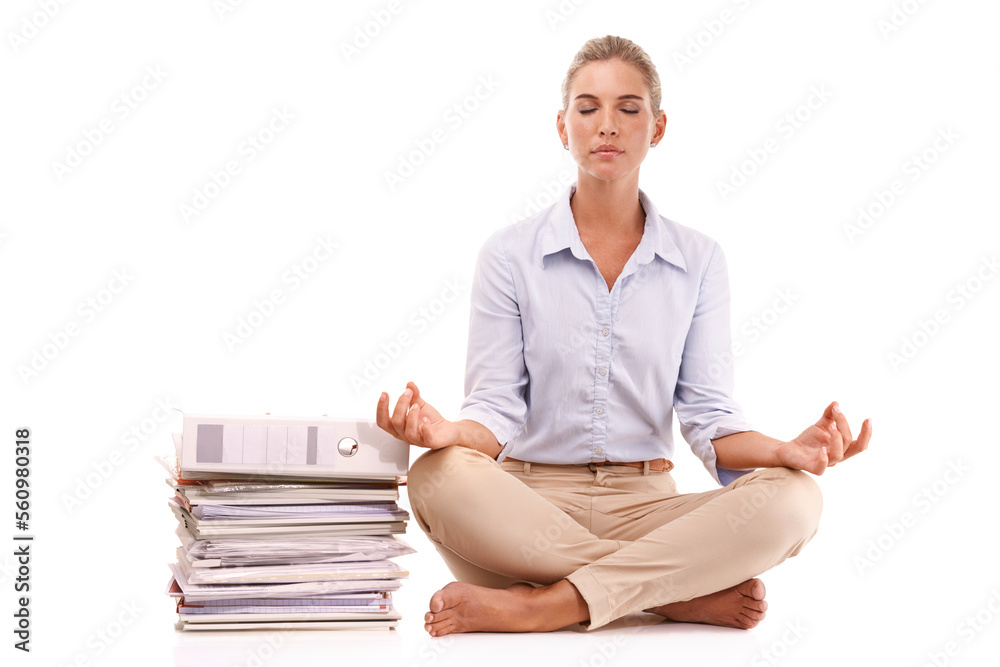 Yoga, documents and business woman meditation for work stress relief, mental health peace or chakra 