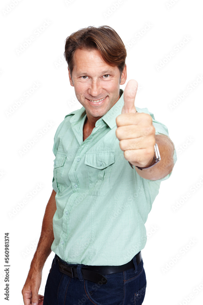 Man, studio portrait and thumbs up with smile, casual fashion and yes by white background with happi