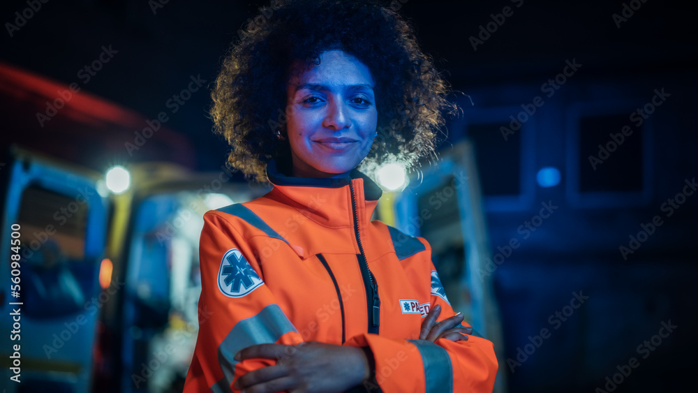 Medium Shot Portrait: Multiethnic On-site Paramedic Crossing Hands and Posing for Camera. Female Med