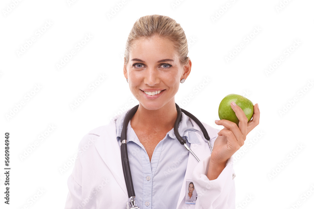 Woman doctor, apple and studio portrait for nutrition, wellness and smile by white background. Happy