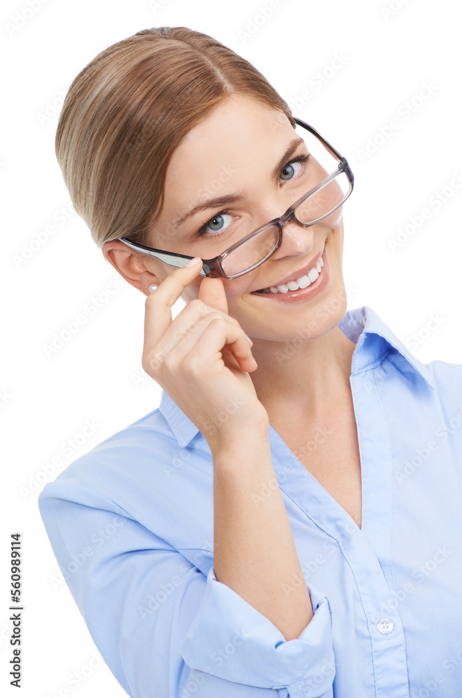 Portrait, business and woman with glasses, smile and vision with female isolated on white studio bac