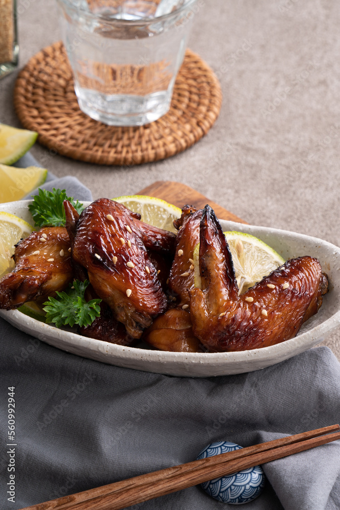 Roasted sweet sauced teriyaki chicken wings.