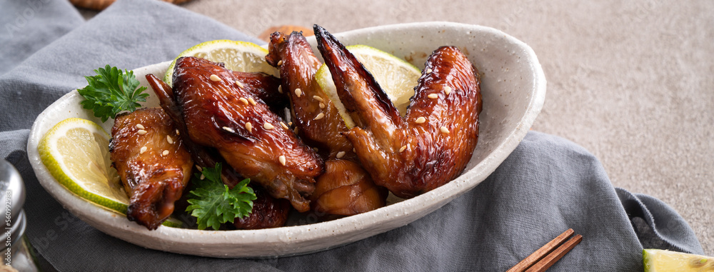 Roasted sweet sauced teriyaki chicken wings.