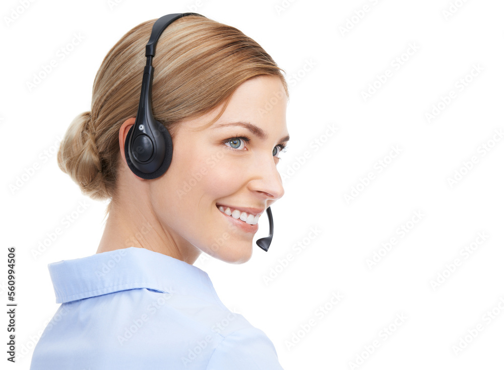 Face, call center and customer service of woman in studio isolated on white background mock up. Crm,