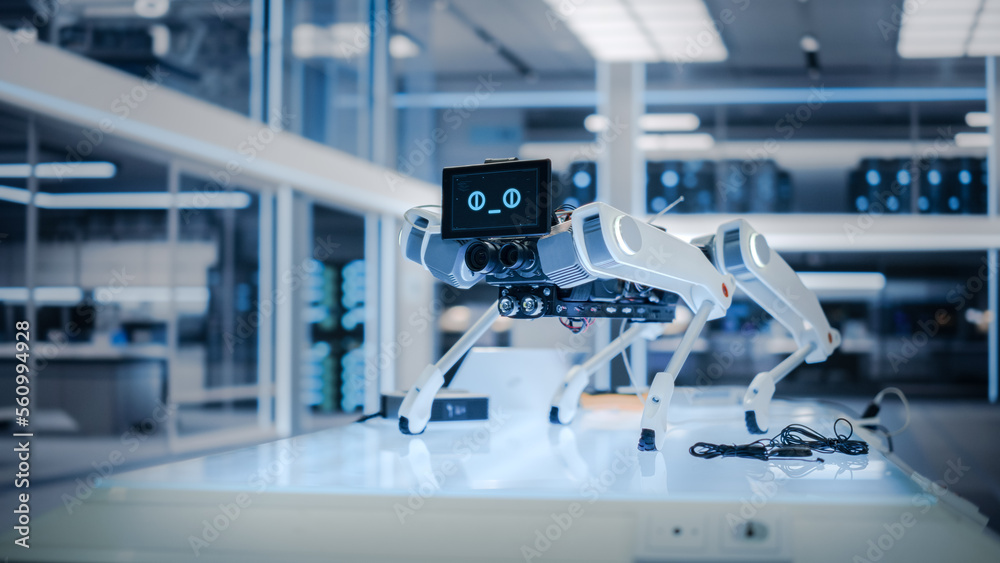 Robot Dog Prototype Standing in a High Tech Modern Industrial Facility. Mobile Robot with Lidars, Se