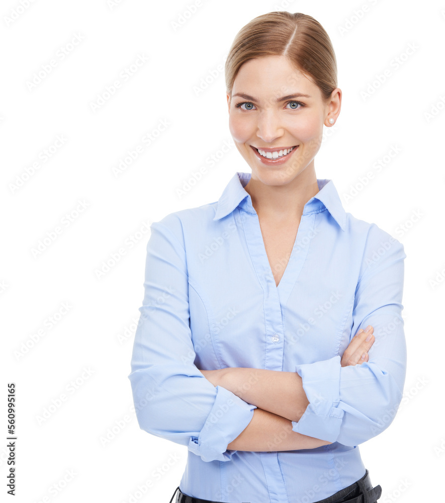 Portrait, face and business woman with arms crossed in studio on white background mockup. Leadership