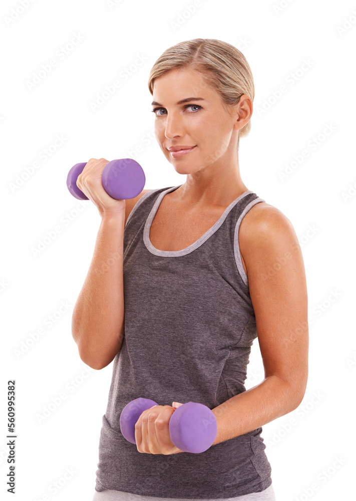 Woman, dumbbells and studio portrait for wellness, muscle development and health by white background