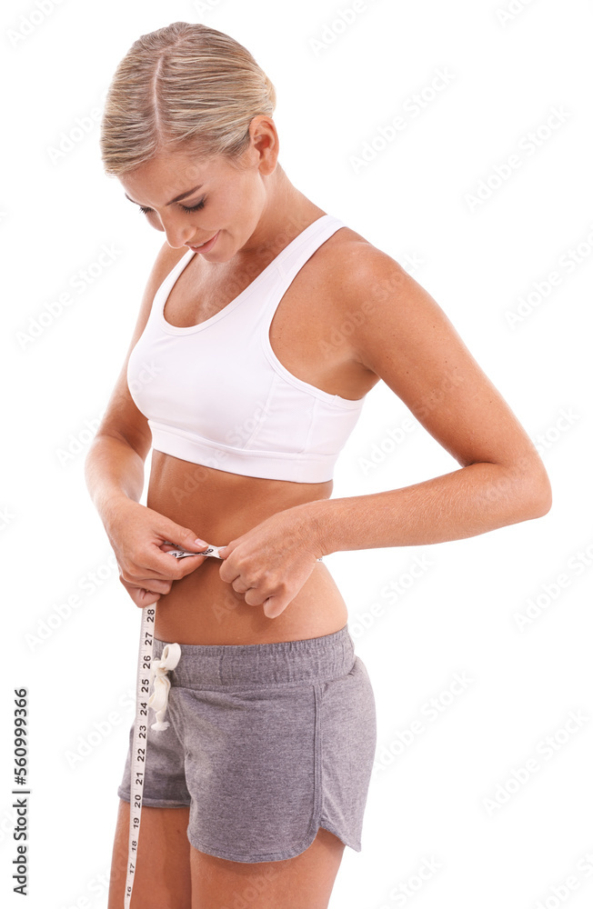 Fitness, health and woman with tape measure for abdomen in studio isolated on a white background. Di