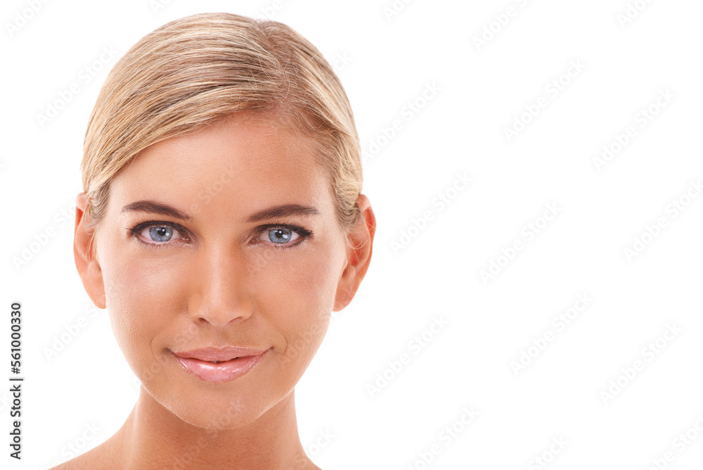 Skincare, portrait and woman in studio for wellness, hygiene and grooming on white background. Face,