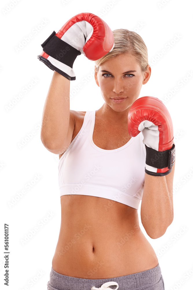 Sports, fitness and portrait of woman with boxing gloves, confidence and motivation to box, isolated