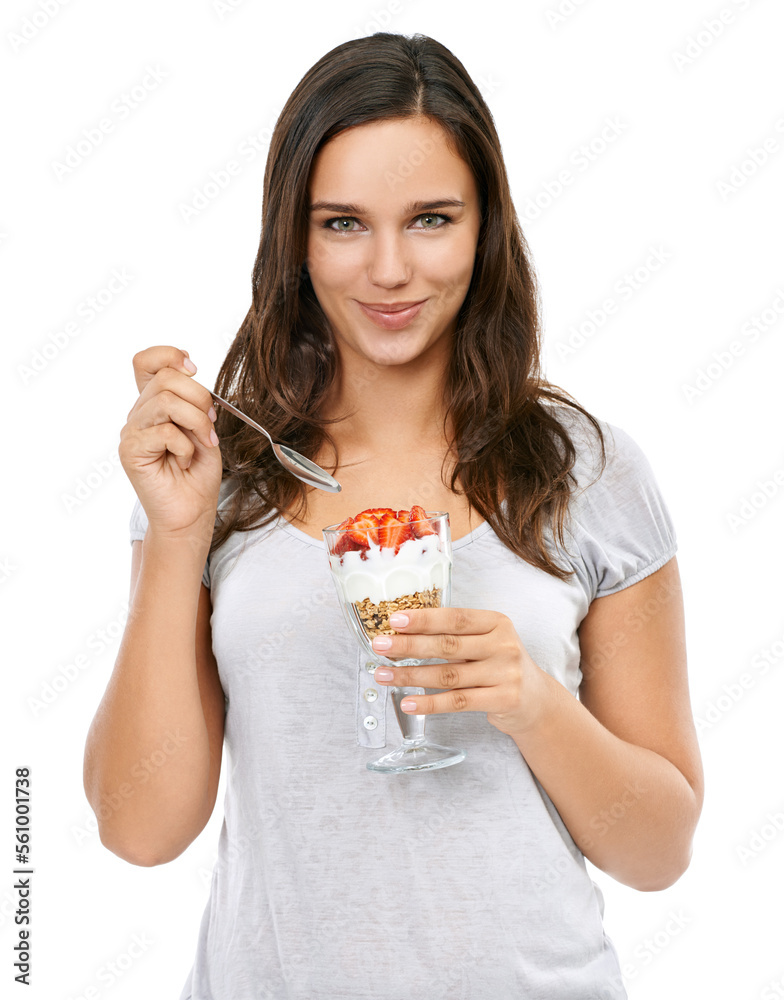 Portrait, diet and nutrition with a woman in studio isolated on a white background while eating mues