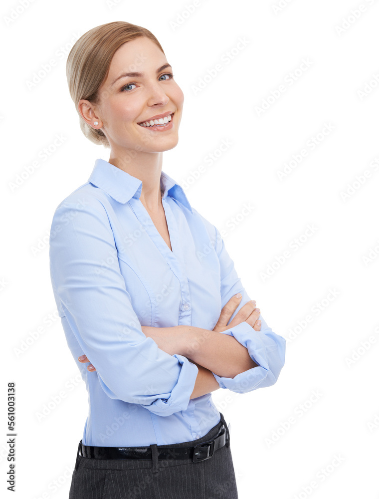 Portrait, business and woman arms crossed, smile and confident employee isolated on white studio bac