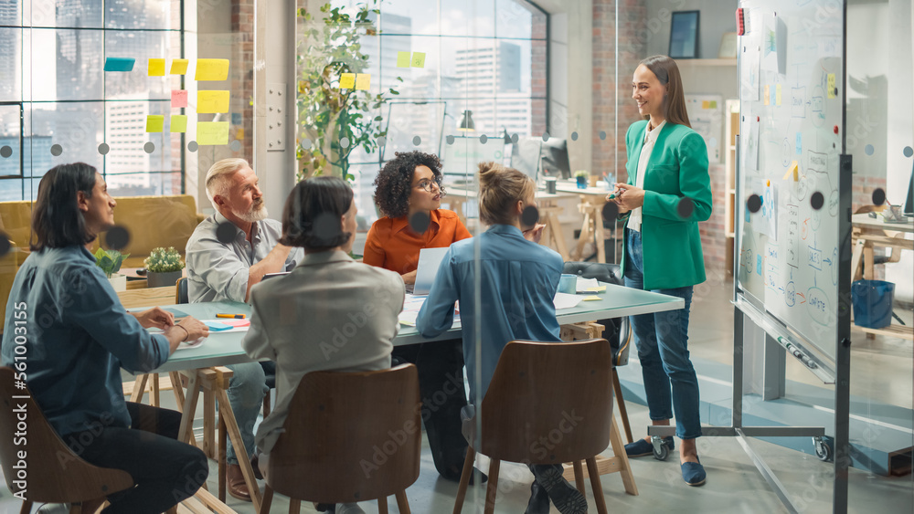 Focused Group of Multiethnic People in a Meeting in Office. Young White Female CEO using Whiteboard 