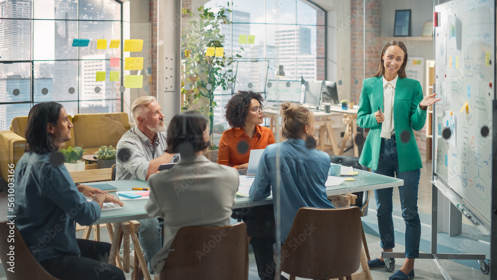 A White Young Caucasian Woman Using a Whiteboard During a Meeting to Pitch Design Ideas. A Group of 